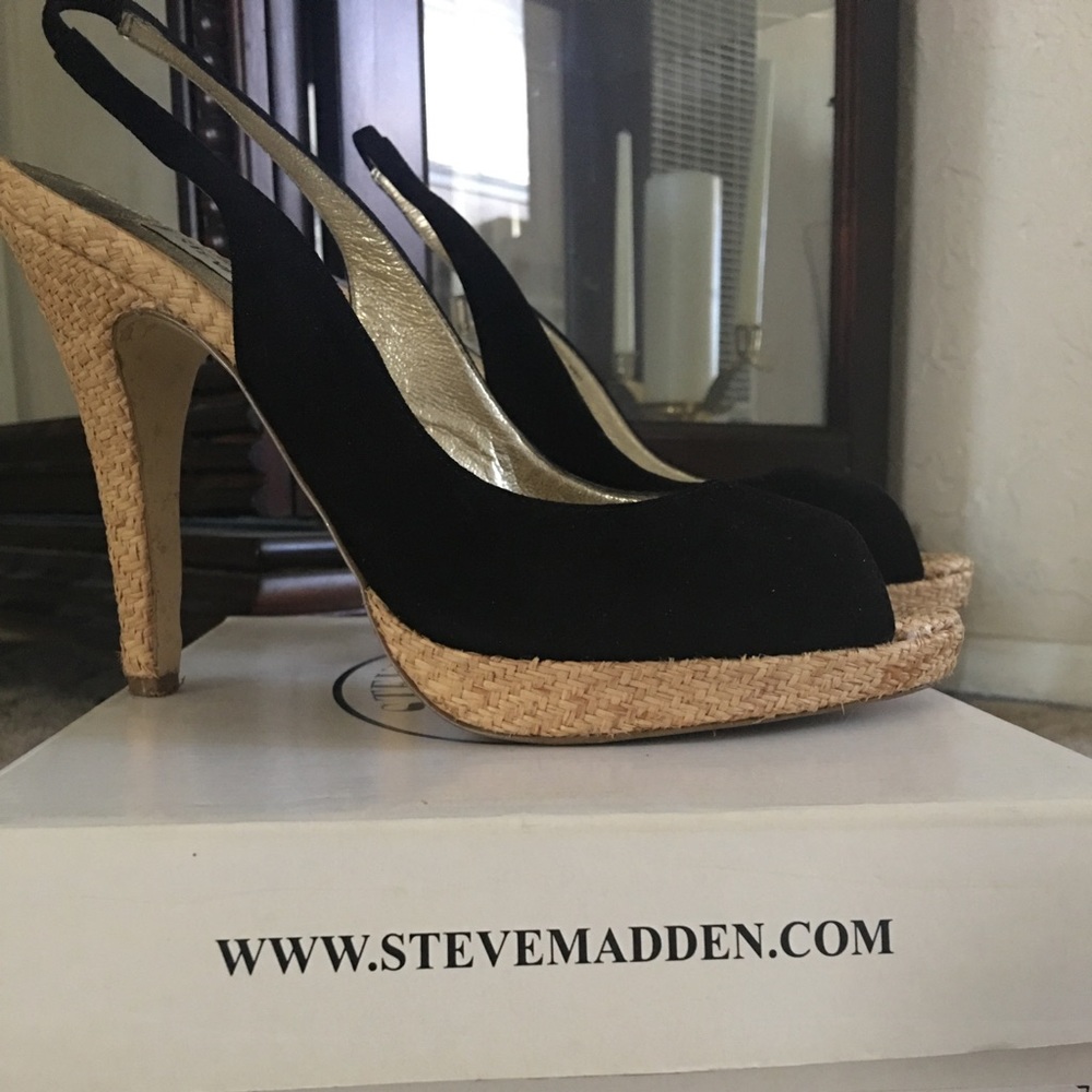 Black suede peep toe sling shoes